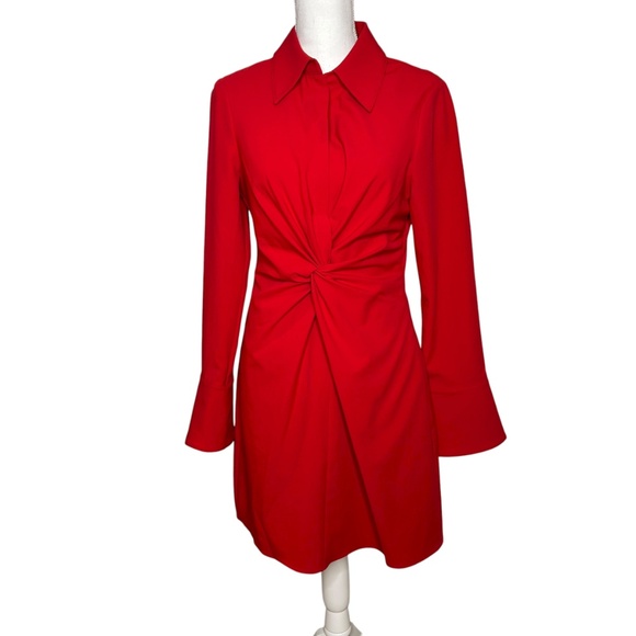 Cinq à Sept McKenna Knot-Front Long Flare Sleeve Red Mini Shirtdress Womens 8 - Picture 2 of 11
